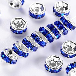 Brass Grade A Rhinestone Spacer Beads, Silver Color Plated, Nickel Free, Sapphire, 7x3.2mm, Hole: 1.2mm