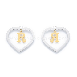 201 Stainless Steel Pendants, Hollow, Heart with Letter A~Z, Real Gold Plated & Stainless Steel Color, Letter.R, 29x29.5x1mm, Hole: 2mm, A~Z: 12x8~10.5x1mm
