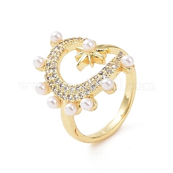 Brass Micro Pave Cubic Zirconia Open Rings, Moon & Star with Plastic Imitation Pearl Cuff Rings for Women, Real 18K Gold Plated, 2.5mm, Inner Diameter: US Size 6 3/4(17mm)