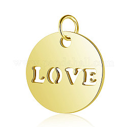 304 charms in acciaio inox, piatta e rotonda con la parola amore, oro, 12x1mm, Foro: 2.5 mm