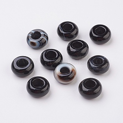 Agate noire naturelle mélangée au hasard et perles européennes en agate à bandes, Perles avec un grand trou   , rondelle, teinte, 14x7~8mm, Trou: 6mm