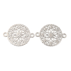 Long-Lasting Plated Brass Connector Charms, Hollow Flat Round Links with Flower, Platinum, 12x15x0.3mm, Hole: 1.4mm