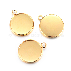 Rack Plating 304 Stainless Steel Pendant Cabochon Settings, Plain Edge Bezel Cups, Flat Round, Real 24K Gold Plated, Tray: 16mm, 21.5x18x2mm, Hole: 2.2mm