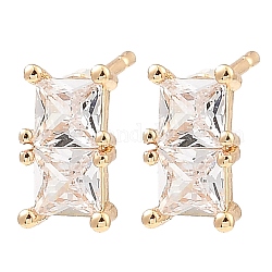Brass Pave Clear Cubic Zirconia Rectangle Stud Earrings, for Women, Light Gold, 10x5.5mm