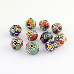 Handmade Indonesia Beads, with Resin Beads, Alloy Cores, Round, Antique Silver, Mixed Color, 14~15x14~16mm, Hole: 1.5~2mm