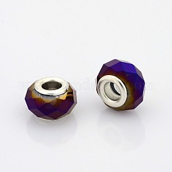 Perles européen en verre à facettes, perles de rondelle avec grand trou , avec noyaux en laiton plaqué couleur argent, plein violet plaqué, 14x9mm, Trou: 5mm