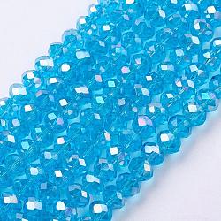 Electroplate Glass Beads Strands, AB Color Plated, Faceted Rondelle, Sky Blue, 6x4mm, about 87~90pcs/strand
