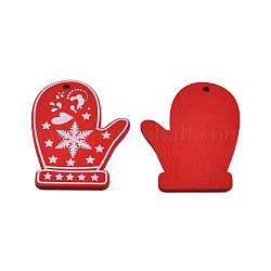 Gros pendentifs en bois peint à la bombe de noël, avec impression recto, bijou de gant avec motif flocon de neige, rouge, 52x42.5x2.5mm, Trou: 3mm