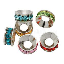 Brass Rhinestone Spacer Beads, Grade A, Rondelle, Platinum Metal Color, Mixed Color, 7x3.3mm, Hole: 3.5mm