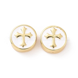 Brass Enamel Beads, Cadmium Free & Lead Free, Long-Lasting Plated, Flat Round with Cross, Real 18K Gold Plated, White, 12x5.5mm, Hole: 2.5mm