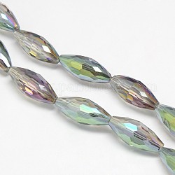 Electroplate Crystal Glass Rice Beads Strands, Faceted, Rainbow Color Plated, Olive Drab, 19x8mm, Hole: 1mm, about 40pcs/strand, 29.1 inch