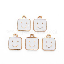 Legierung Emaille Anhänger / charms, cadmiumfrei und bleifrei, Licht Gold, Quadrat mit einem Lächeln, weiß, 13x10x1.5 mm, Bohrung: 1.6 mm