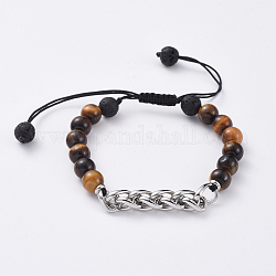 Bracelets de perles tressées oeil de tigre naturel et pierre de lave, avec 304 chaîne à blé en acier inoxydable et fil de nylon, 1-3/4 pouce ~ 3-1/8 pouces (4.5~8 cm)