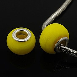 Handmade Lampwork European Beads, with Silver Plated Brass Core, Rondelle, Milk Yellow, about 14mm wide, 10mm long, hole: 5mm