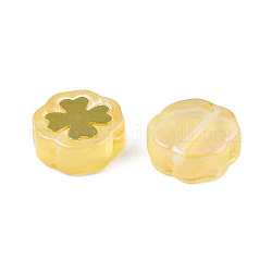 Perlas de vidrio pintado en aerosol transparente, con purpurina en polvo y fornituras de latón dorado, flor, amarillo champagne, 12x12x4.5mm, agujero: 1 mm