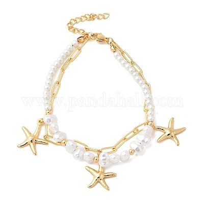 Браслеты с подвесками в виде морских звезд из нержавеющей стали 304 для женщин BJEW-F520-06G-1