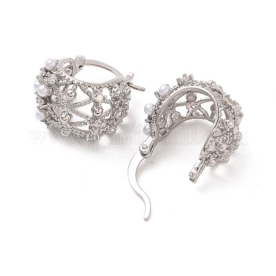 Серьги-кольца из латуни с покрытием из АБС-пластика и имитацией жемчуга EJEW-M029-04P-1