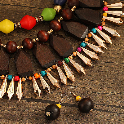 Многослойное ожерелье из дерева и пластика и круглые серьги-подвески из бисера FS-WGCB179-01-1