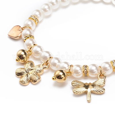 Браслет из бисера из абс-пластика с имитацией жемчуга и подвесками из сплава эмали для детей BJEW-JB08524-1