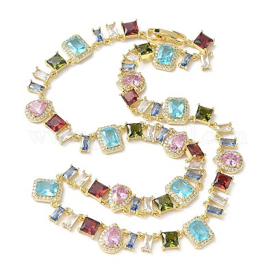 Теннисные ожерелья в форме капли с квадратом и латунным паве из разноцветных кубических цирконий NJEW-G183-09G-1