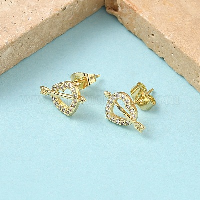 Серьги-гвоздики из латуни с микро-паве и прозрачным фианитом в форме сердца EJEW-Z144-12G-1