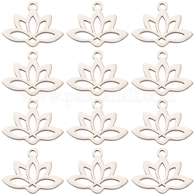 SUNNYCLUE 1 Box 24pcs Lotus Charms Stainless Steel Lotus Flower Charm Chakra Energy Yoga Filigree Joiners Laser Cut Flat Round