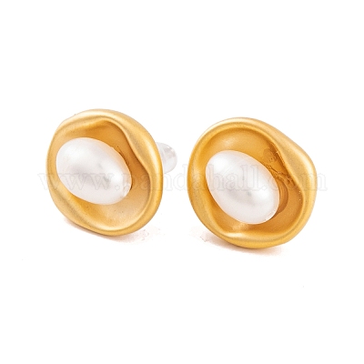 Плоские круглые женские серьги-гвоздики из латуни и пресноводного жемчуга EJEW-G391-04MG-1