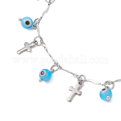 Браслеты на ногу ручной работы с подвесками в виде сглаза и цепочкой из нержавеющей стали 304 с перекрещивающимися звеньями и кисточками для женщин AJEW-AN00741-03-1