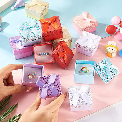 12 шт. 6-цветные картонные подарочные коробки для хранения колец с бантом CON-TA0001-28-1