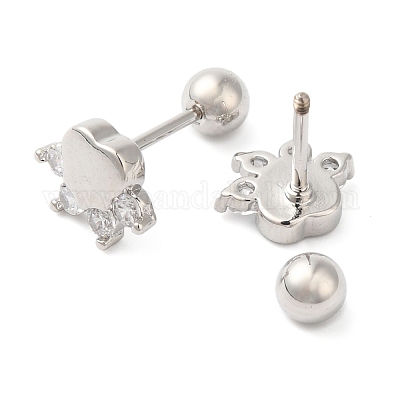 Серьги-гвоздики в форме сердца с бантом из латуни с микропаве из прозрачного кубического циркония EJEW-L289-03P-02-1