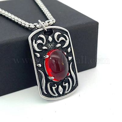 Ожерелья из нержавеющей стали с прямоугольным кулоном и рубиновыми стразами для женщин и мужчин FE1994-1