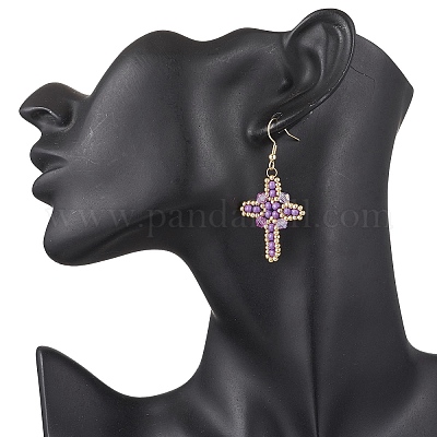 Серьги-крестики из нержавеющей стали 304 со стеклянными семенами EJEW-MZ00506-03-1