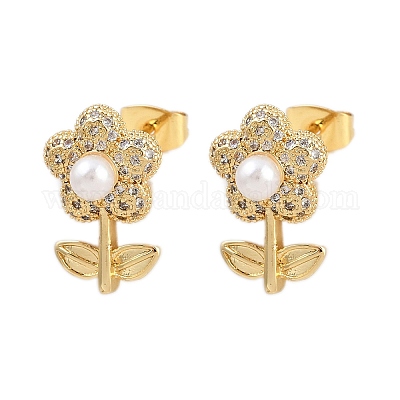 Серьги-гвоздики в форме цветка с микропаве из прозрачных кубических цирконий из латуни EJEW-L275-11G-1
