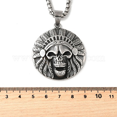 Ожерелья с подвеской в виде черепа индейца из нержавеющей стали 304 для женщин и мужчин NJEW-Z076-03AS-1