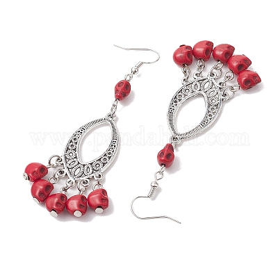 Серьги с подвесками из синтетической бирюзы и сплава EJEW-JE05890-03-1