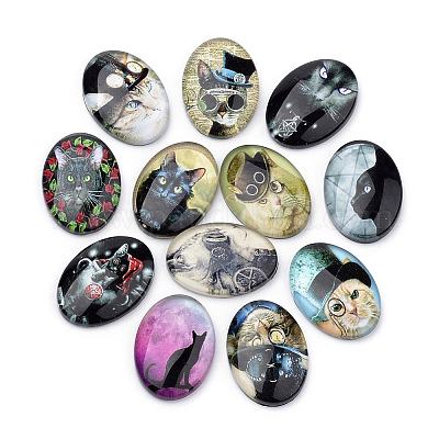 Cabochon di gattino in vetro con retro piatto&nbsp;X-GGLA-S034-25x18-024-1