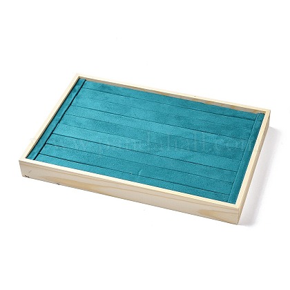 木製リングプレゼンテーションディスプレイボックス  ベルベットで覆う  長方形  ダークシアン  35x24x3.5cm ODIS-P008-07-1