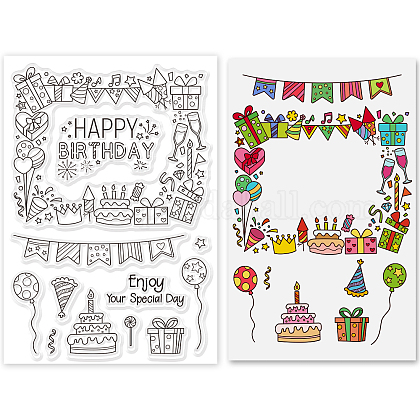 GLOBLELAND Happy Birthday Frame Clear Stamps Banner Cake Gifts Balloons Silicone Clear Stamp Seals for Cards Making DIY Scrapbooking Photo Journal Album Decor Craft DIY-WH0167-56-619-1