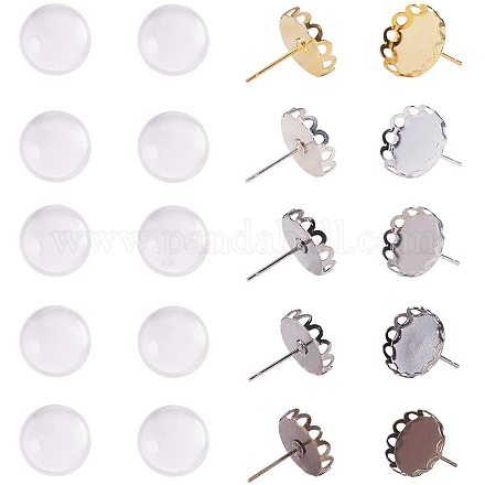 PandaHall Elite 50pcs 5 Color Brass Stud Earring Findings with 50pcsTransparent Glass Cabochonsfor DIY Earring Jewelry KK-PH0035-36-1