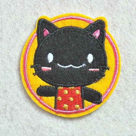 機械刺繍布地手縫い/アイロンワッペン  マスクと衣装のアクセサリー  アップリケ  猫の形をしたフラットラウンドい  ブラック  55mm DIY-I013-12-1