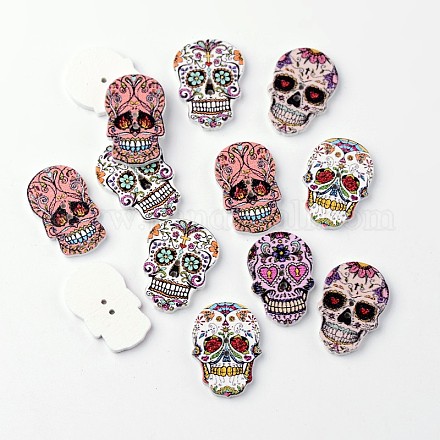 Skull 2-Hole Printed Wooden Buttons BUTT-M014-35-1