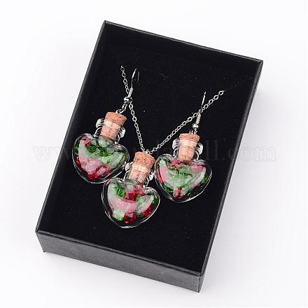 Heart Glass Wishing Bottle Pendant Necklaces and Dangle Earrings Jewelry Sets SJEW-JS00883-02-1