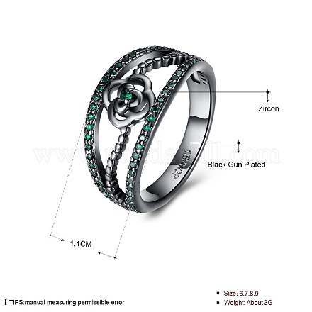 トレンドの真鍮製キュービックジルコニア指輪  ワイドバンドリング  花  サイズ6  グリーン  ガンメタ色  16.5mm RJEW-BB26911-D-6-1