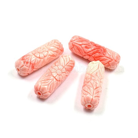 Carved Flower Column Dyed Synthetical Coral Beads CORA-P001-18-26mm-1