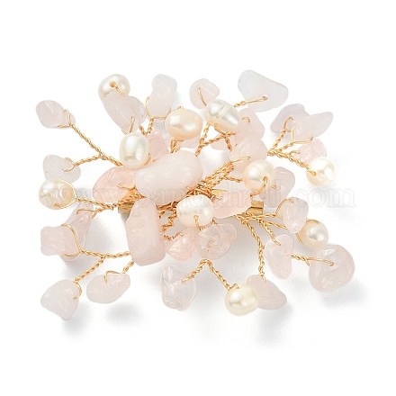 Brosche mit natürlichen Rosenquarzsplittern und Perlenblumen JEWB-BR00098-03-1