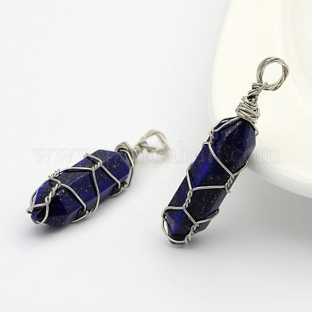 Bullet Natural Lapis Lazuli Wire Wrapped Pointed Pendants G-M225-21P-1