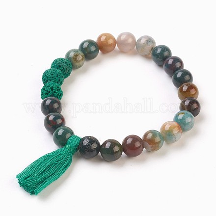 Bracelets à breloques extensibles en perles d'agate et de roche de lave indiennes naturelles X-BJEW-JB03728-04-1