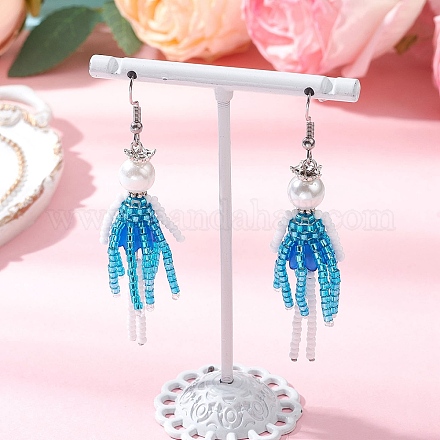 Серьги-подвески из стеклянных бусин ручной работы EJEW-MZ00447-01-1