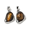 Natural Tiger Eye Teardrop Pendants, Brass Drop Charms, Platinum, 18x12x5.5mm, Hole: 3.5x2mm