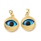 Brass Glass Pendants, Flat Round with Eye, Real 18K Gold Plated, 16x13x5.5mm, Hole: 4x3mm